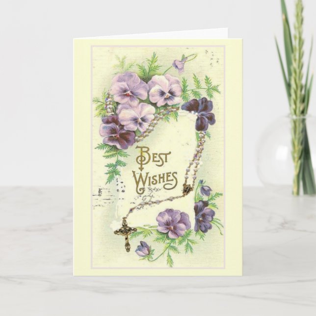Tarjeta Mejor Deseos Lavender Pansies Rosary (Anverso)