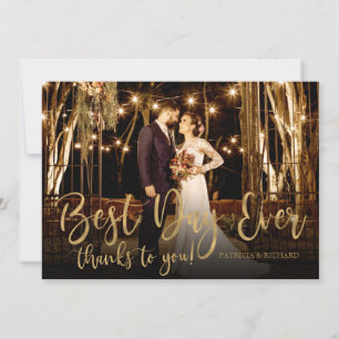 Tarjeta Mejor Día de Boda Guión de Oro Foto Agradecimiento
