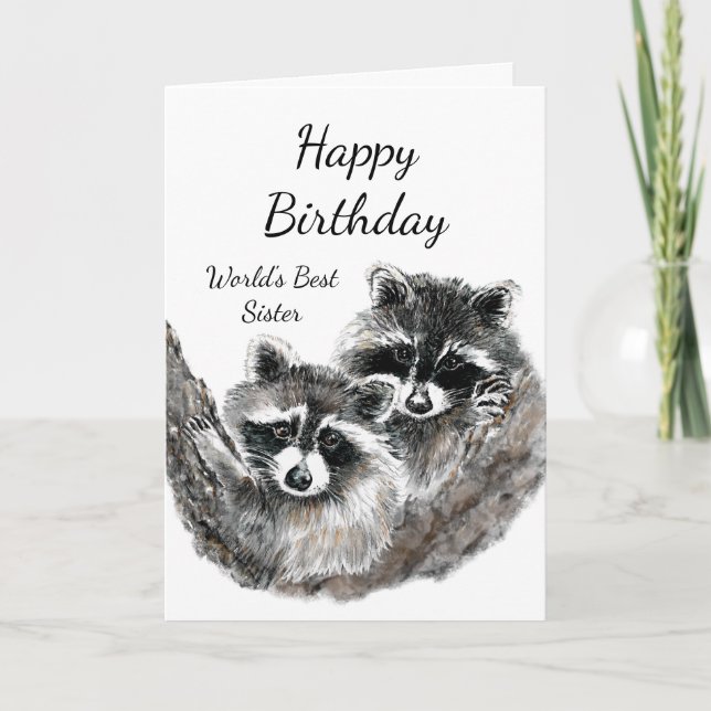 Tarjeta Mejor Hermana del Mundo de Animales de Raccoon Cut (Anverso)