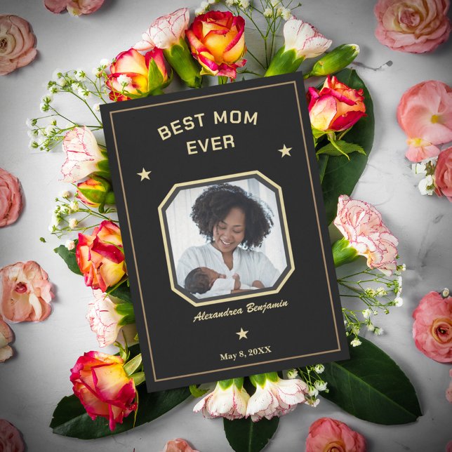 Tarjeta Mejor Mamá del Mundo Madre Familia Foto Dorado Neg (Best Mom Ever Mother Family Photo Gold Black Card is great for your Mom, Grandma and Aunt. )