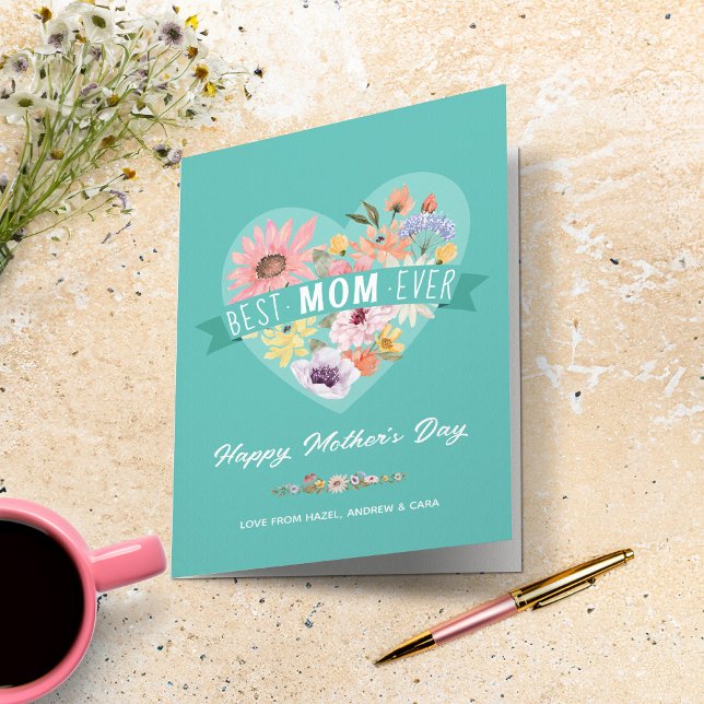 Tarjeta Mejor Mamá Siempre Flores Silvestres Día de la Mad (Best Mom Ever Wildflowers Heart Photo Mother's Day Card (Front))