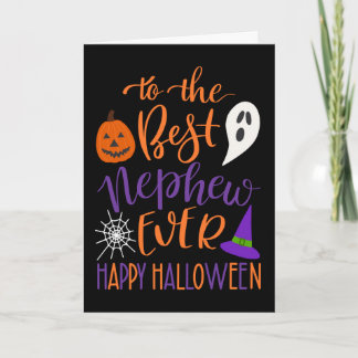 Tarjeta Mejor sobrino de todos Halloween en naranja y mora