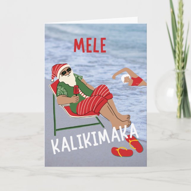 Tarjeta Mele Kalikimaka Navidades hawaianos Santa Beach (Anverso)