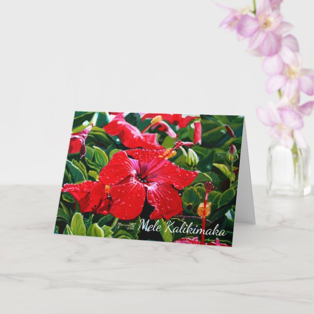 Tarjeta Mele Kalikimaka Red Hibiscus con la nieve hawaiana (Orquídea)