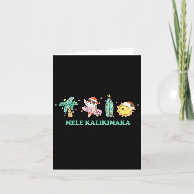 Tarjeta Mele Kalikimaka Trocal Palm Tree Santa Surfing Haw (Anverso)