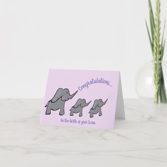 Tarjeta mellizos de bebé elefante felicitaciones morado (Anverso)