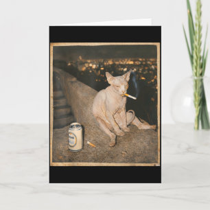 Tarjeta Meme del gato Sphynx fumando Funny Cat fumando cig