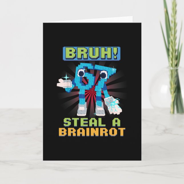 Tarjeta Meme Divertido de Píxel Bruh 67 Roba un Brainrot  (Anverso)