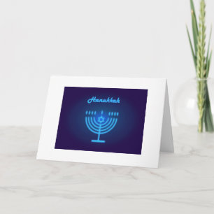 Tarjeta Menorá del Festival de Hanukkah Luces de Neón Azul