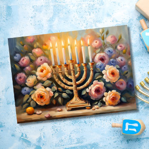 Tarjeta Menorá floral pintada al óleo con velas encendidas