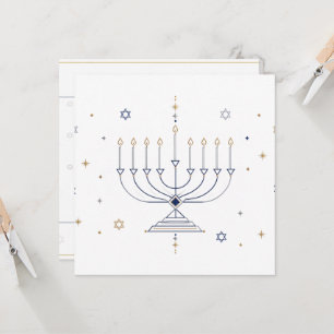 Tarjeta Menorá Geométrica Moderna Azul Plata Hanukka Feliz