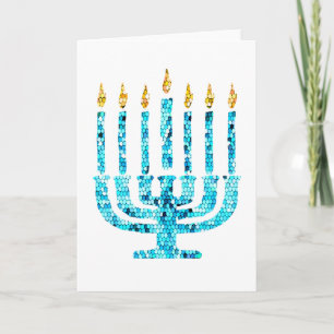Tarjeta Menorá Mosaico Luces Azules de Hanukkah Fe Judía