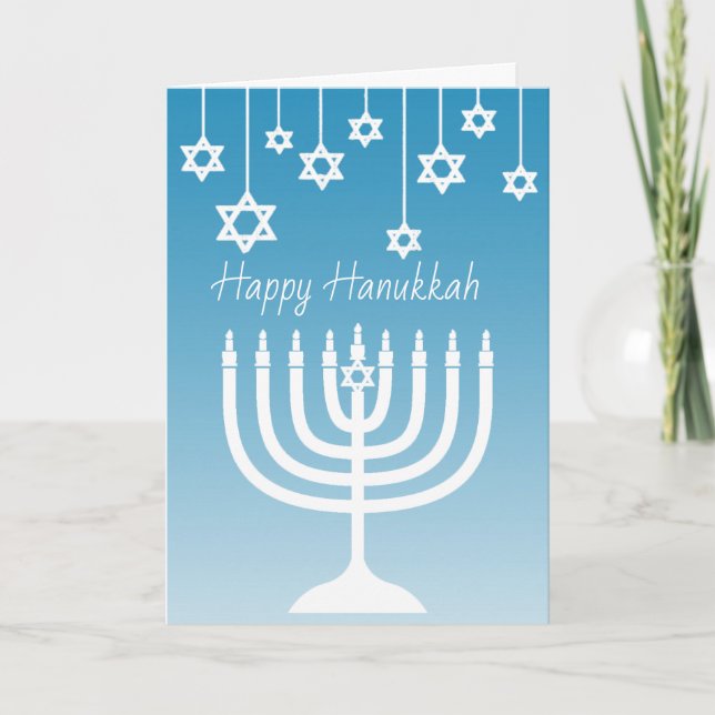 Tarjeta Menorah azul y blanco Jánuca feliz (Anverso)