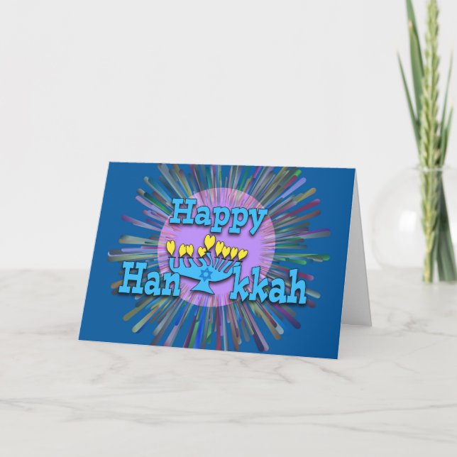 Tarjeta Menorah contemporánea de Hanukkah con llamas cardí (Anverso)