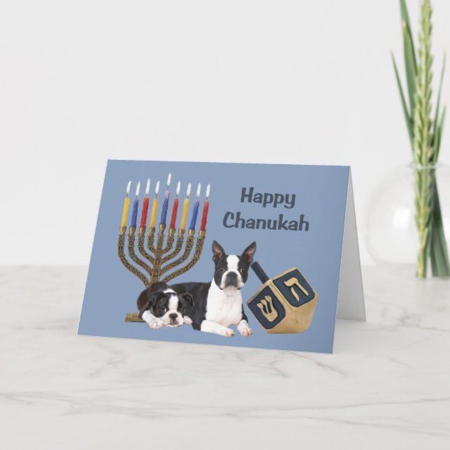 Tarjeta Menorah Dreidel1 de Boston Terrier (Anverso)