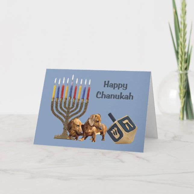 Tarjeta Menorah Dreidel1 de Chanukah del Dachshund (Anverso)