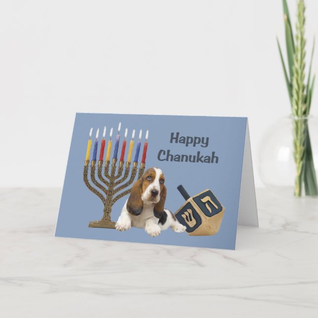 Tarjeta Menorah Dreidel de Basset Hound Chanukah (Anverso)