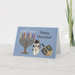 Tarjeta Menorah Dreidel de Chanukah del husky<br><div class="desc">Recordar la familia y a amigos durante la estación de Chanukah es una manera maravillosa de permanecer en contacto con la gente que usted ama y que cuida alrededor. Creé éstos las tarjetas de Chanukah del perro con amor y el cuidado y yo estamos seguros que cualquier persona que ame...</div>