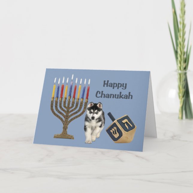 Tarjeta Menorah Dreidel de Chanukah del husky (Anverso)