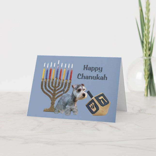 Tarjeta Menorah Dreidel de Chanukah del Schnauzer (Anverso)