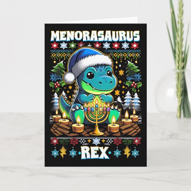 Tarjeta Menorasaurus Rex Dino Trex Suéter Feo de Navidad  (Anverso)