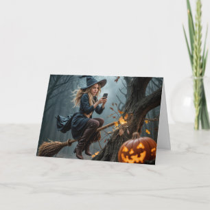 Tarjeta Mensajes de texto de bruja mientras vuelan en una 