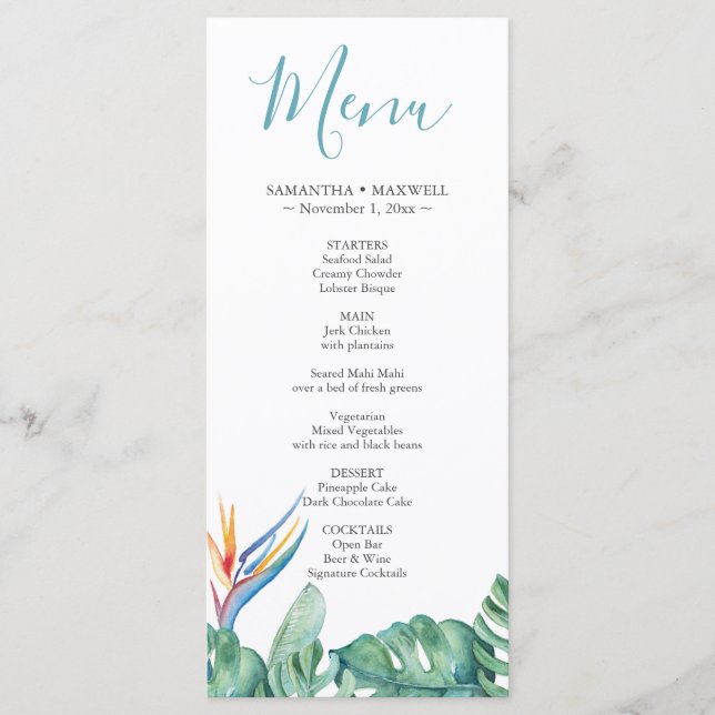 Tarjeta Menus Boda Tropical Floral (Anverso)
