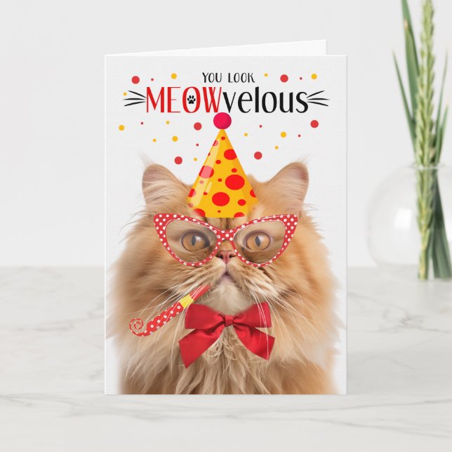 Tarjeta MEOWvelous Birthday, un gato persa naranja (Anverso)