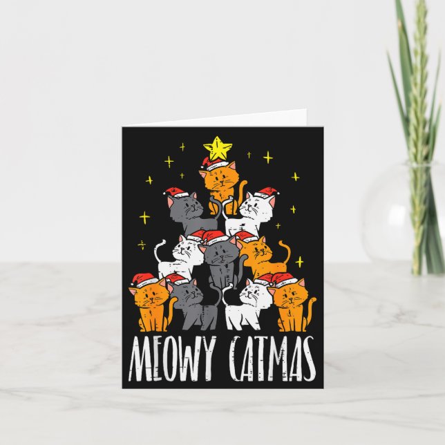 Tarjeta Meowy Catmas Cat Christmas Tree Xmas Pajamas Pjs W (Anverso)