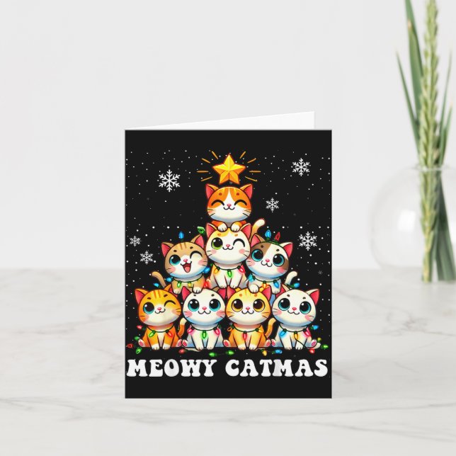 Tarjeta Meowy Catmas Funny Christmas Tree Lights Cute Cat  (Anverso)