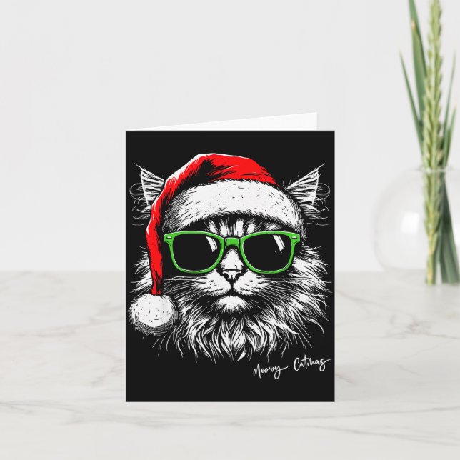 Tarjeta Meowy Catmas Santa Hat Cute Cat Christmas Pajamas  (Anverso)