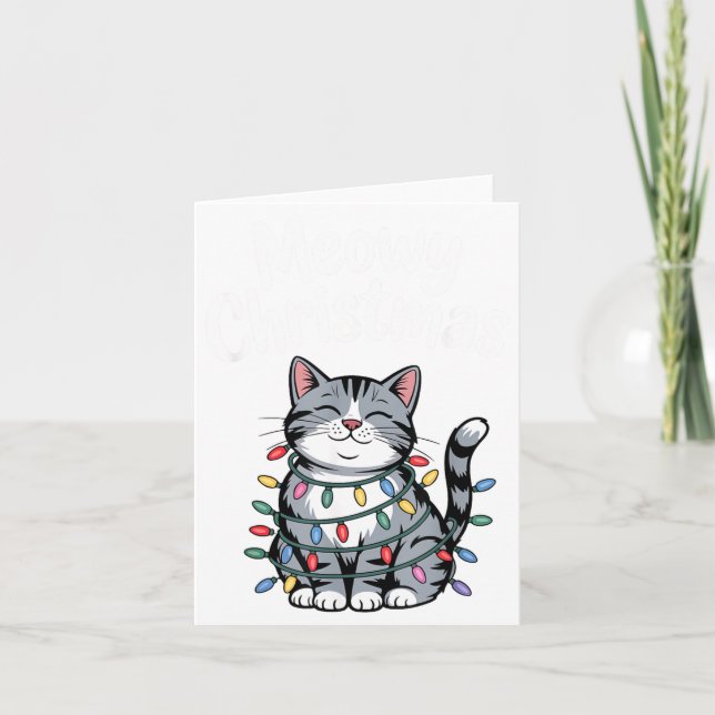Tarjeta Meowy Christmas Cute Gray Tabby Cat Holiday Lights (Anverso)