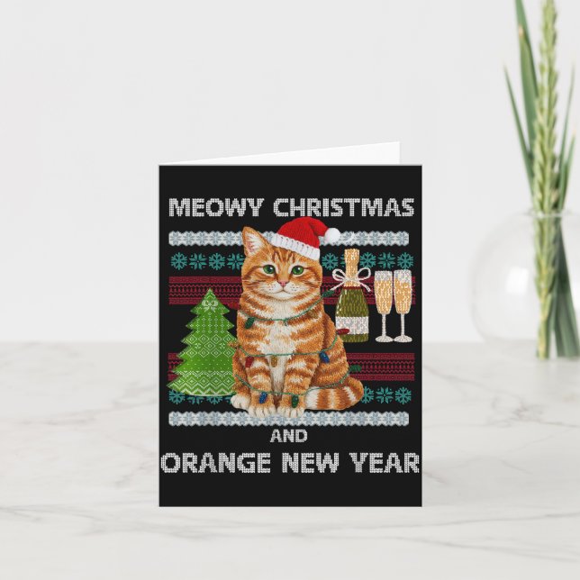 Tarjeta Meowy Christmas Funny Orange Cat Santa Hat Ugly Sw (Anverso)