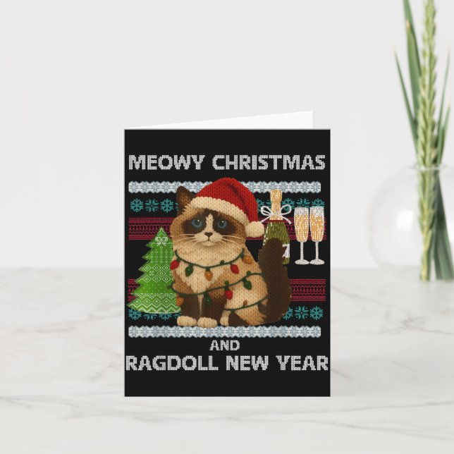 Tarjeta Meowy Christmas Funny Ragdoll Cat Santa Hat Ugly S (Anverso)