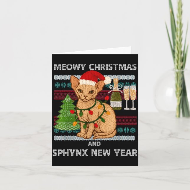 Tarjeta Meowy Christmas Funny Sphynx Cat Santa Hat Ugly Sw (Anverso)