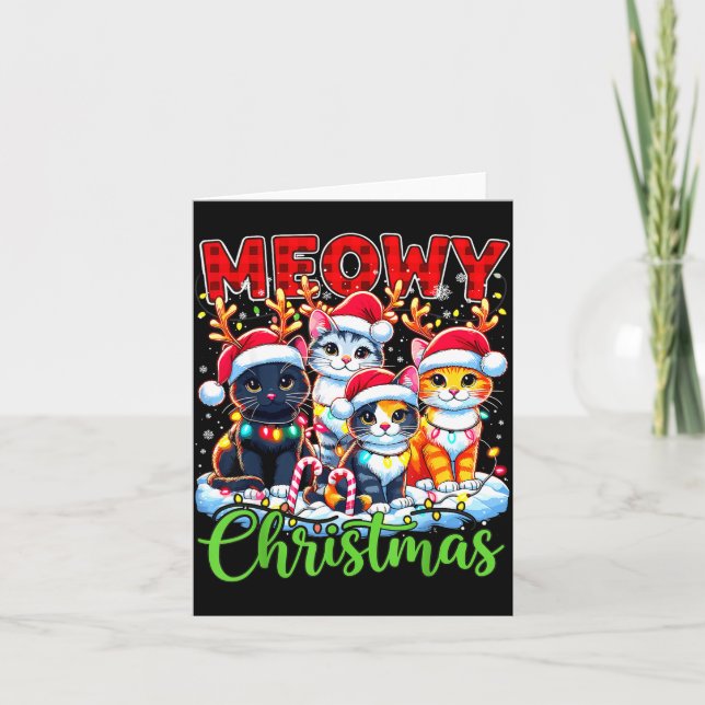 Tarjeta Meowy Christmas Reindeer Xmas Lights Santa Cat  (Anverso)