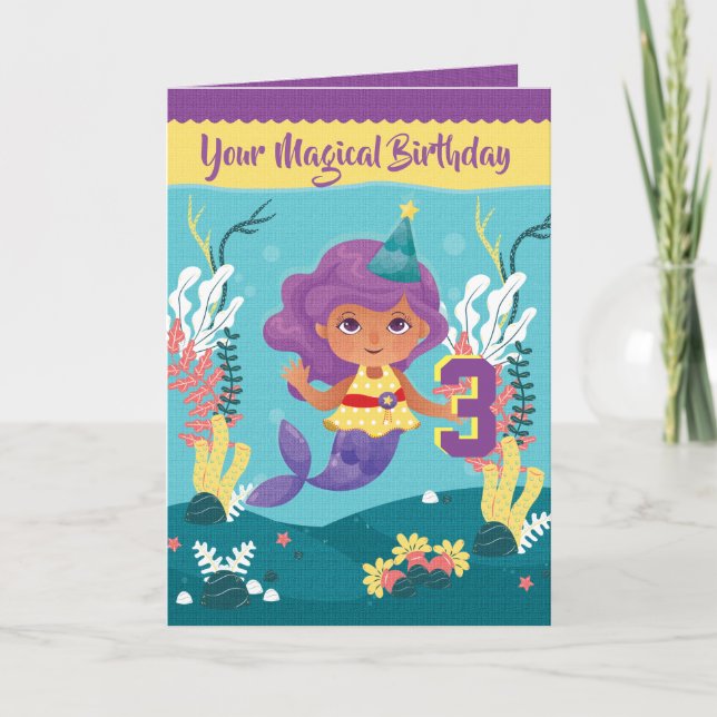 Tarjeta Mermaid Magical 3er cumpleaños para Chica (Anverso)
