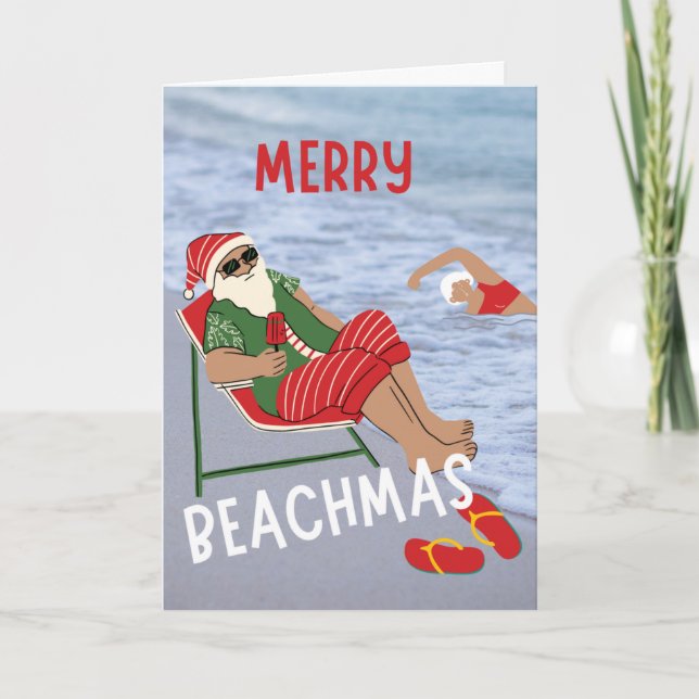 Tarjeta Merry Beachmas Santa en los Navidades de la playa (Anverso)