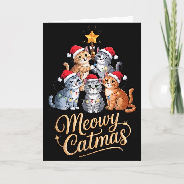 Tarjeta Merry Catmas Funny Christmas Tree Matching Meowy X (Anverso)