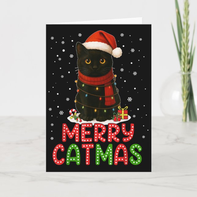 Tarjeta Merry Catmas Santa Hat Funny Black Cat Christmas W (Anverso)