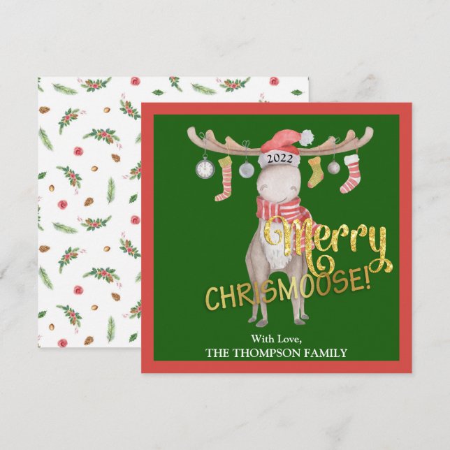 Tarjeta Merry ChrisMoose Watercolor Christmas (Anverso / Reverso)