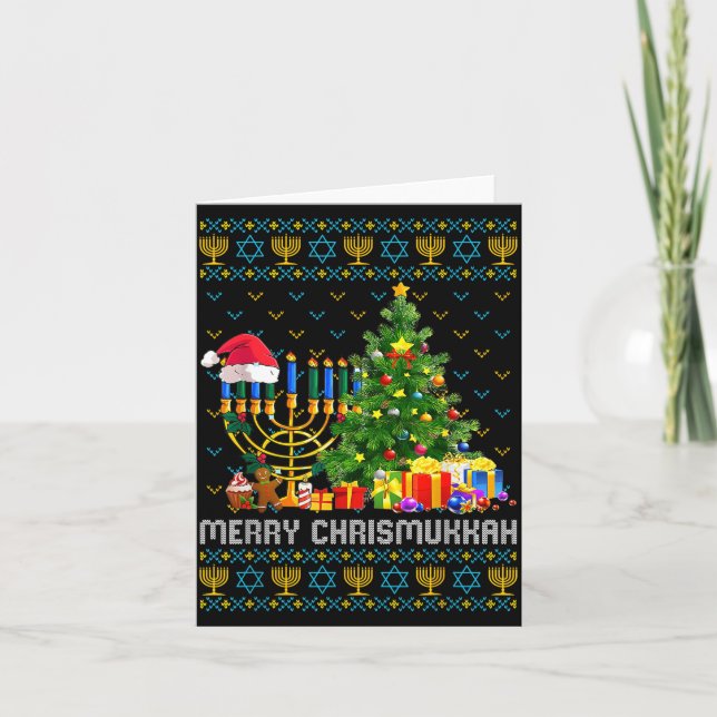 Tarjeta Merry Chrismukkah Happy Hanukkah Ugly Sweater Fami (Anverso)