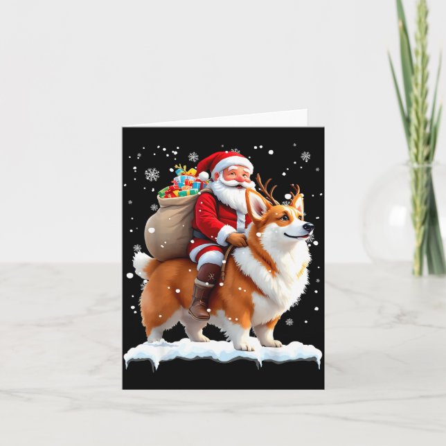 Tarjeta Merry Christmas 2025 Santa Riding Corgi Dog Xmas  (Anverso)