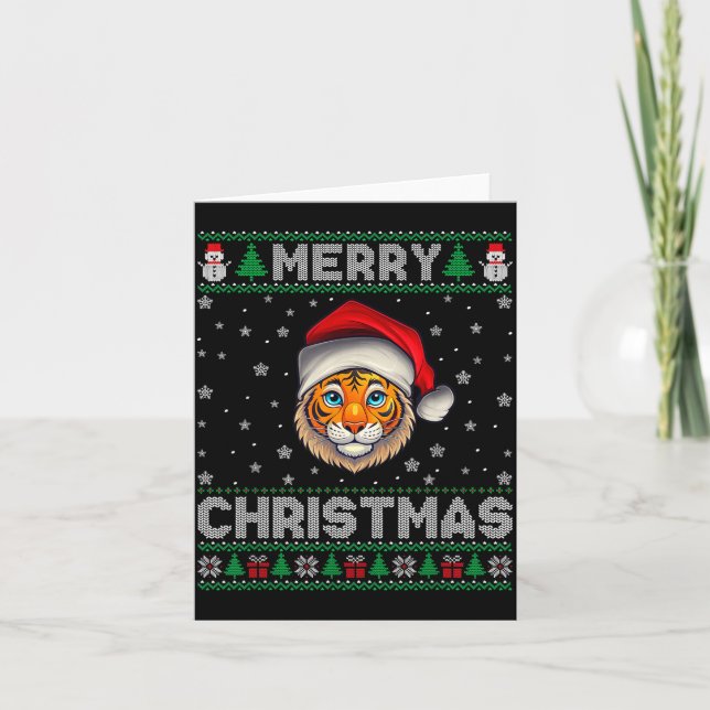 Tarjeta Merry Christmas 2025 Tiger Santa Hat Ugly Xmas  (Anverso)