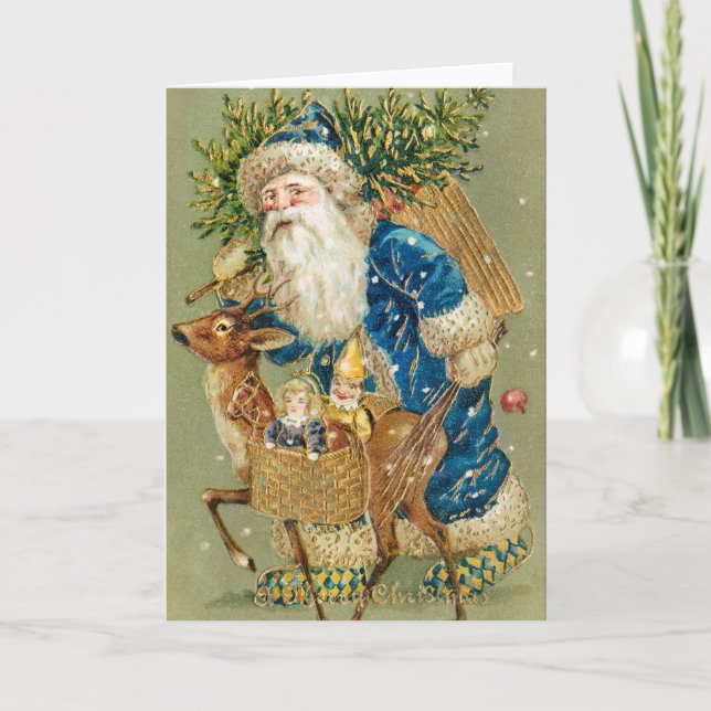 Tarjeta Merry Christmas, Antique Card, Santa and Reindeer (Anverso)