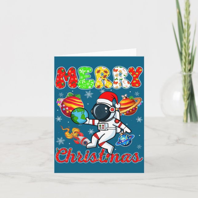Tarjeta Merry Christmas Astronaut Santa Hat Snowflakes Tre (Anverso)