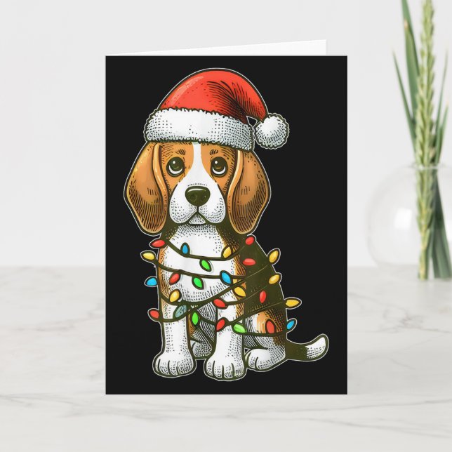 Tarjeta Merry Christmas Beagle Santa Christmas Lights Dog  (Anverso)
