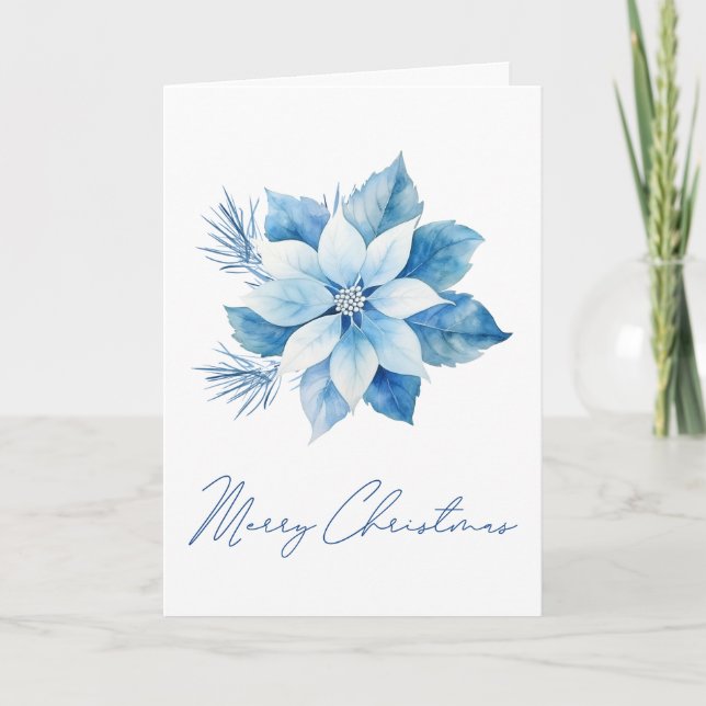 Tarjeta Merry Christmas Blue Poinsettia (Anverso)