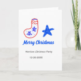 Tarjeta Merry Christmas blue star red stockings name date 