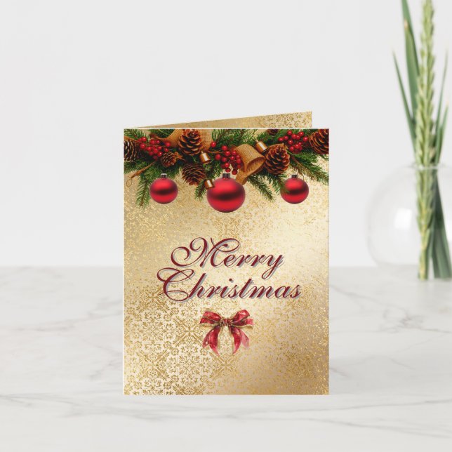 Tarjeta Merry Christmas Bows & Garland Red & Gold Elegant  (Anverso)